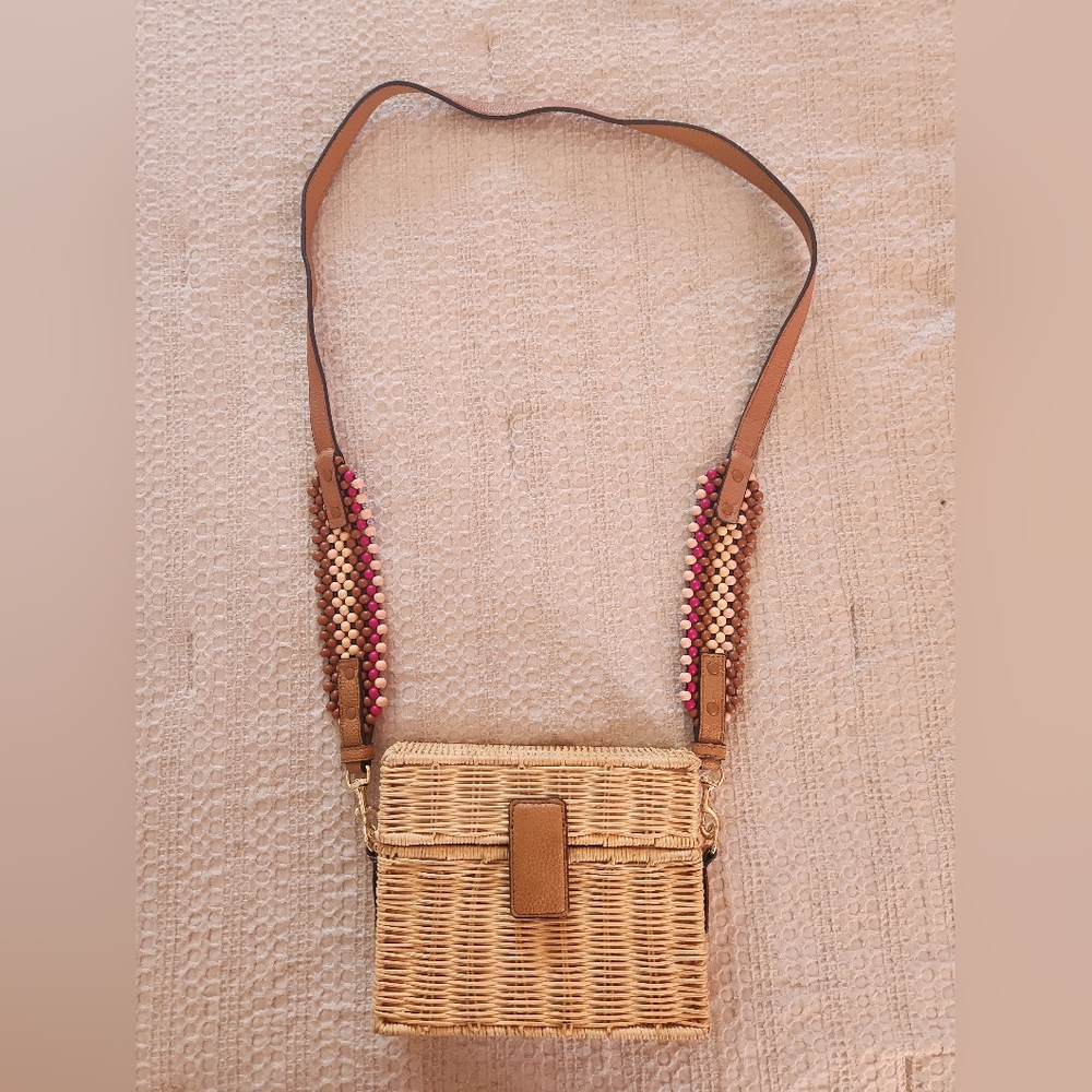Vince Camuto Hale Rattan Crossbody Bag Boxy Woven Wicker Beaded Strap Clutch